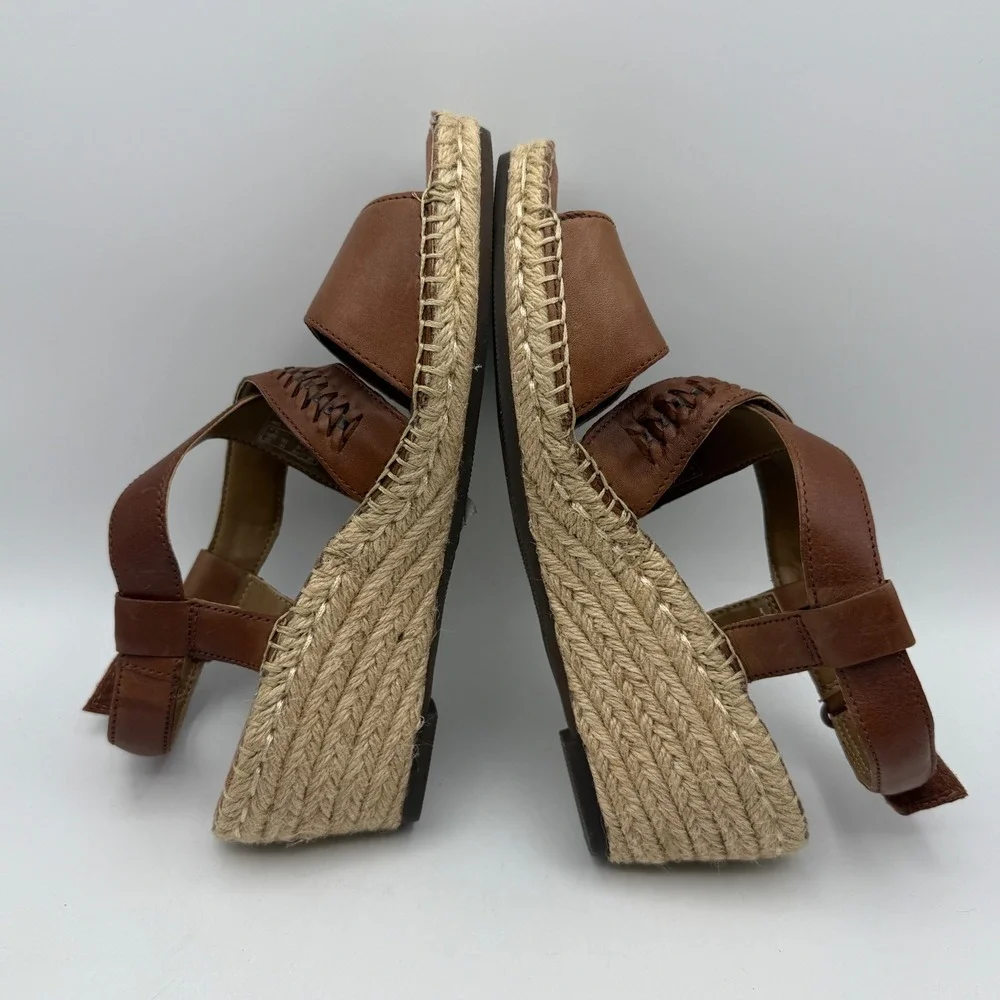 Clarks Unstructured Wedge Sandals Womens 6 Brown Leather Espadrille‎ Whipstitch